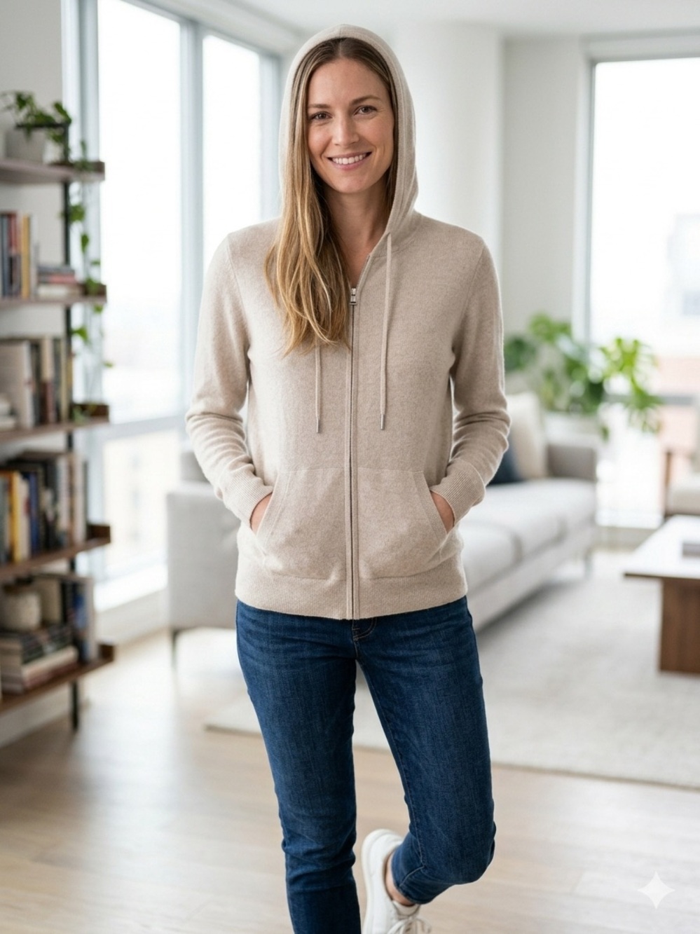 Quince Cashmere Cream Zip-Front Hooded Cardigan